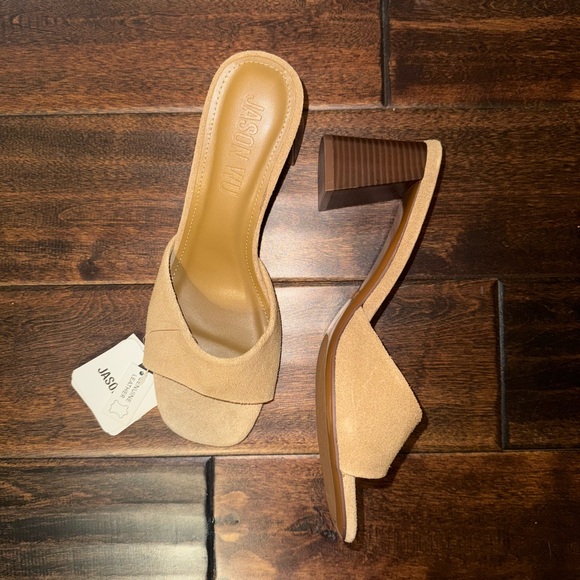 Suede Tan Leather Open Toe Heeled Sandals - Picture 1 of 5